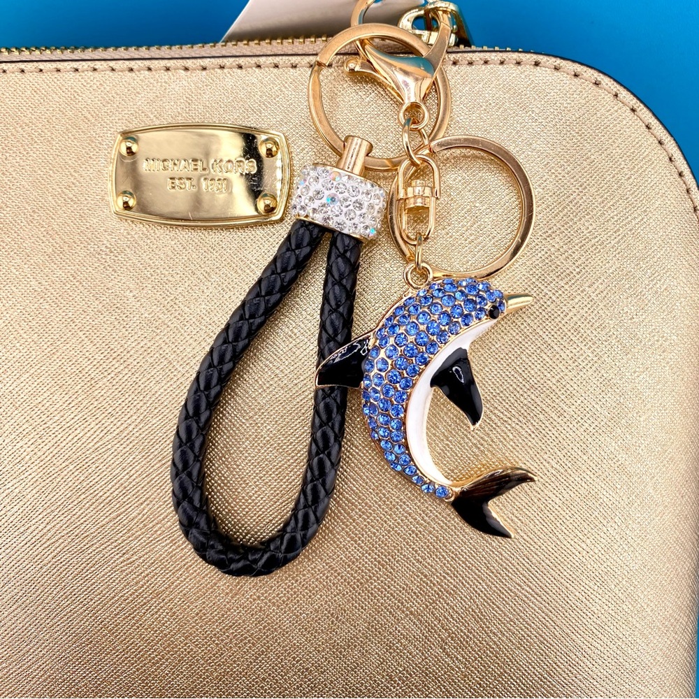 NWT🐬 DOLPHIN Bag Charm Keychain Blue Rhinestones + Choose Braided Key Ring Color